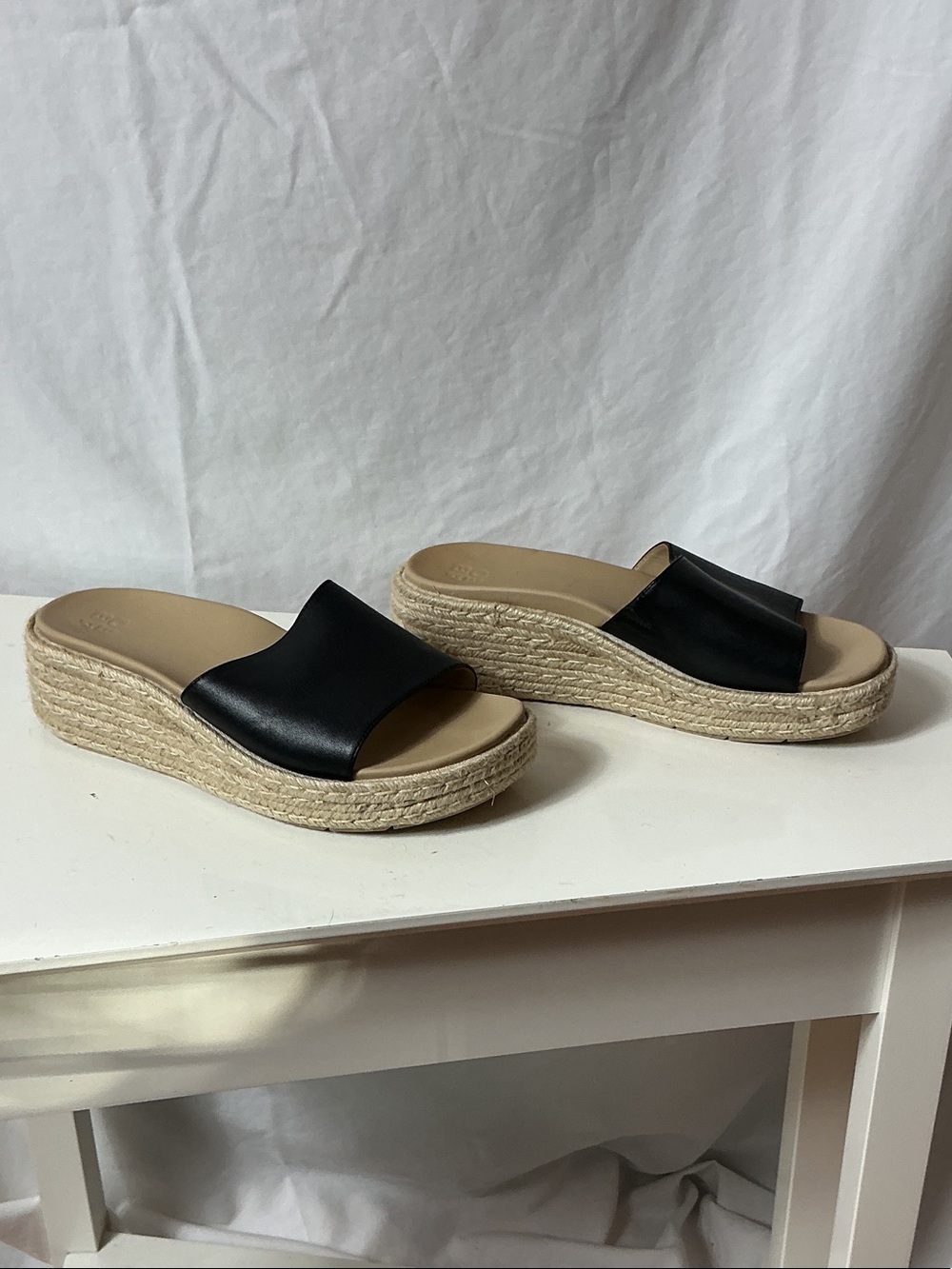 Abeo Black Leather Slide Espadrille with Tan Footbed